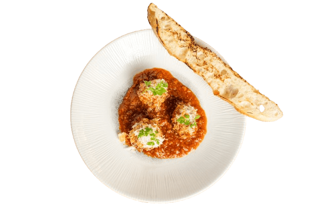 Meatballs in tomato sauce with pecorino romano and focaccia